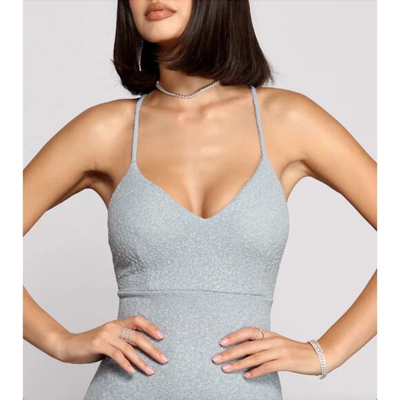 Windsor XS Grey Silver Glitter Sparkle Faux Wrap Vneck Mini Cocktail Dress - Picture 3 of 9